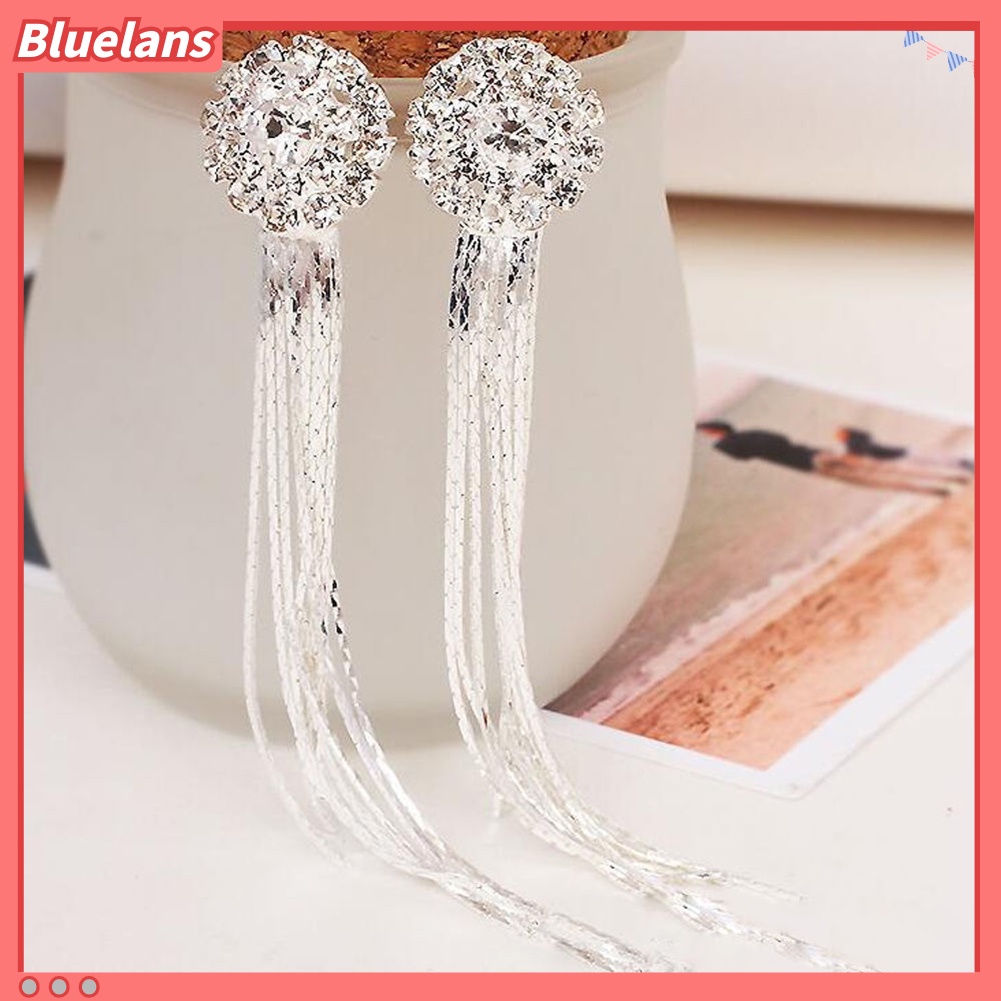 Bluelans Anting Tusuk Gantung Rumbai Panjang Hias Berlian Imitasi Untuk Pengantin Wanita