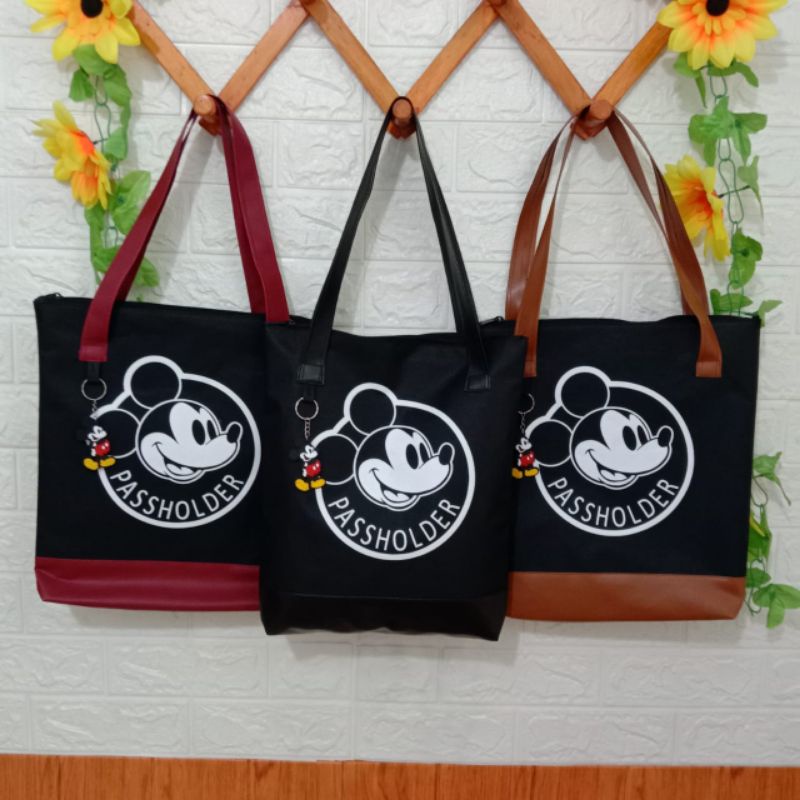 Totebag Sekolah Kuliah Wanita Karakter Micky Mouse Free Gantungan Kunci