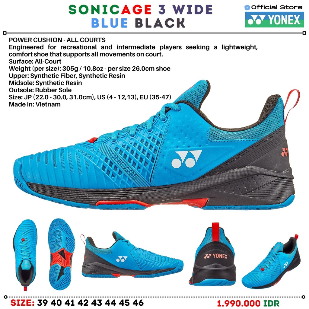 Sepatu Tenis Yonex Sonicage 3 Wide Blue Power Cushion 2022 Original