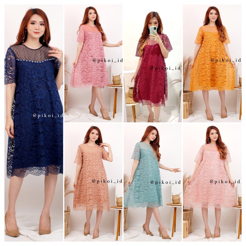 Dress brukat imlek kondangan pesta merah / dress brokat korean style / dress lace bangkok / 2669