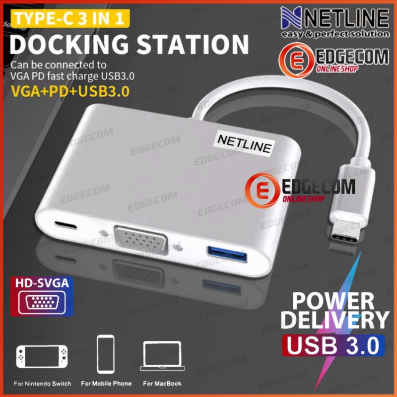 NETLINE USB 3.1 TYPE C to VGA USB 3.0 USB C PD MultiPort Adapter
