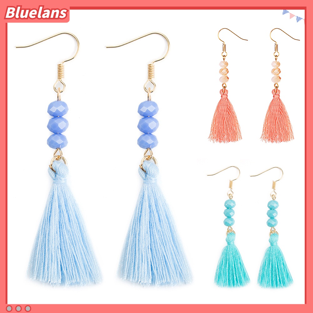 Anting Kait Gantung Panjang Manik-Manik Akrilik Aksen Rumbai Gaya Bohemian Untuk Wanita