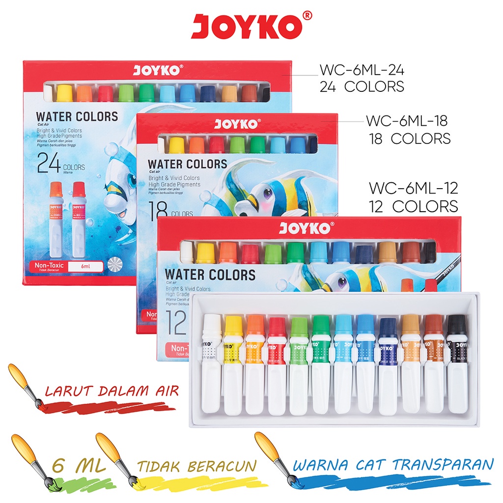 

WATER COLOR SET JOYKO WAC-6ML ISI 12 ,18, DAN 24 WARNA | CAT AIR LUKIS