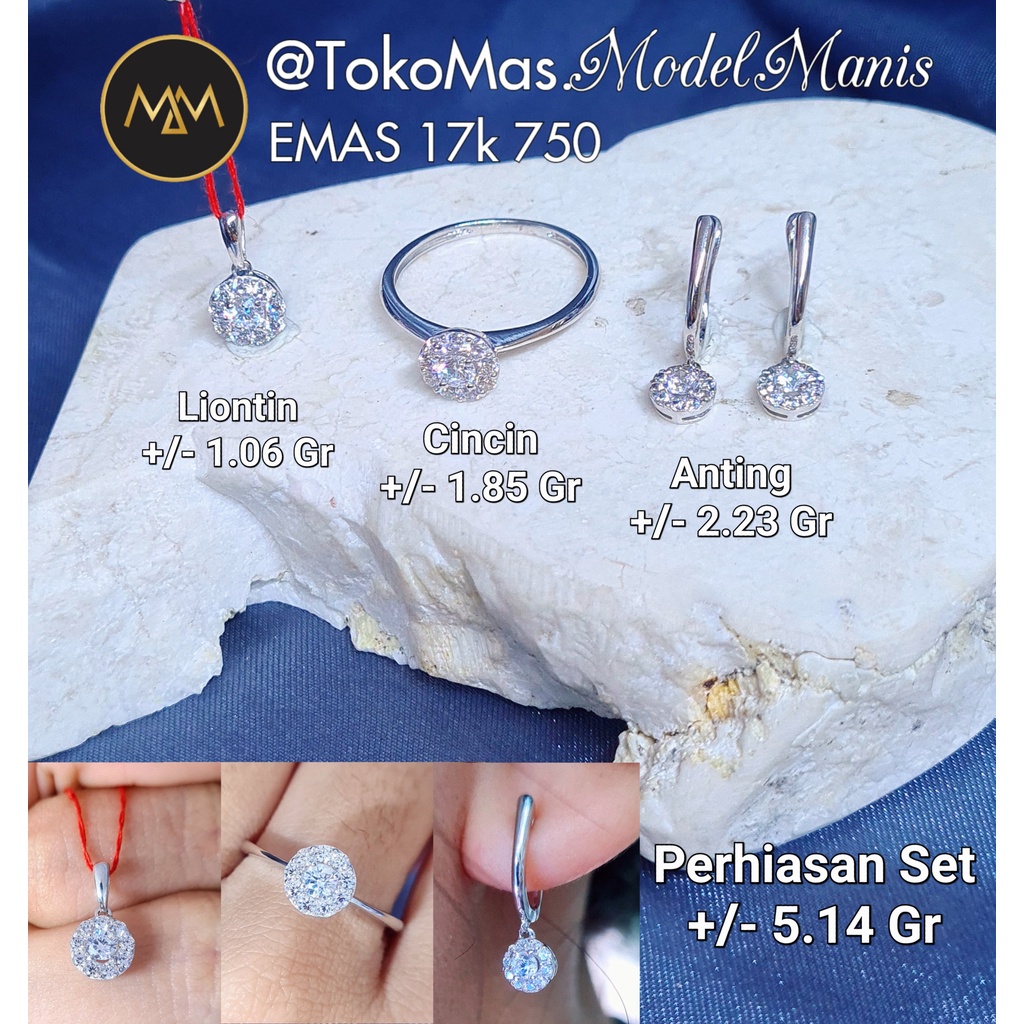 Set perhiasan Anting Cincin liontin Chelsea emas putih 750 kadar 17k