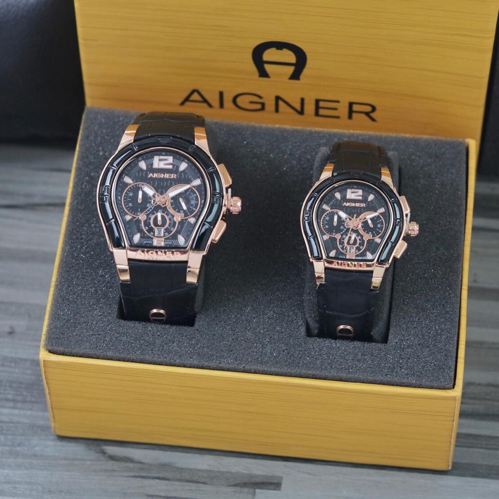 ( BISA COD ) Jam Tangan Couple AIGNER Kulit Chrono Tanggal aktif Strap Leather Include BOX Original 
