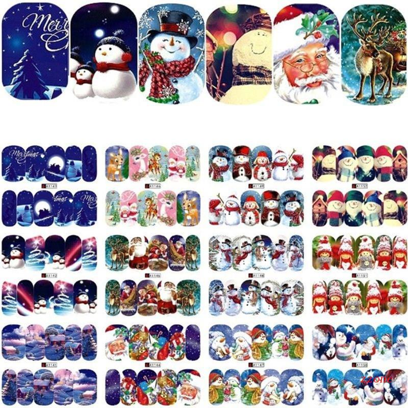 12 Lembar Stiker Kuku Desain Santa Snowman Snowflakes Untuk Natal