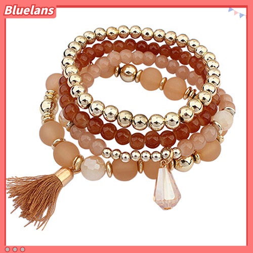 4pcs / Set Gelang Manik-Manik Resin Multilayer Aksen Rumbai Gaya Etnik Untuk Wanita