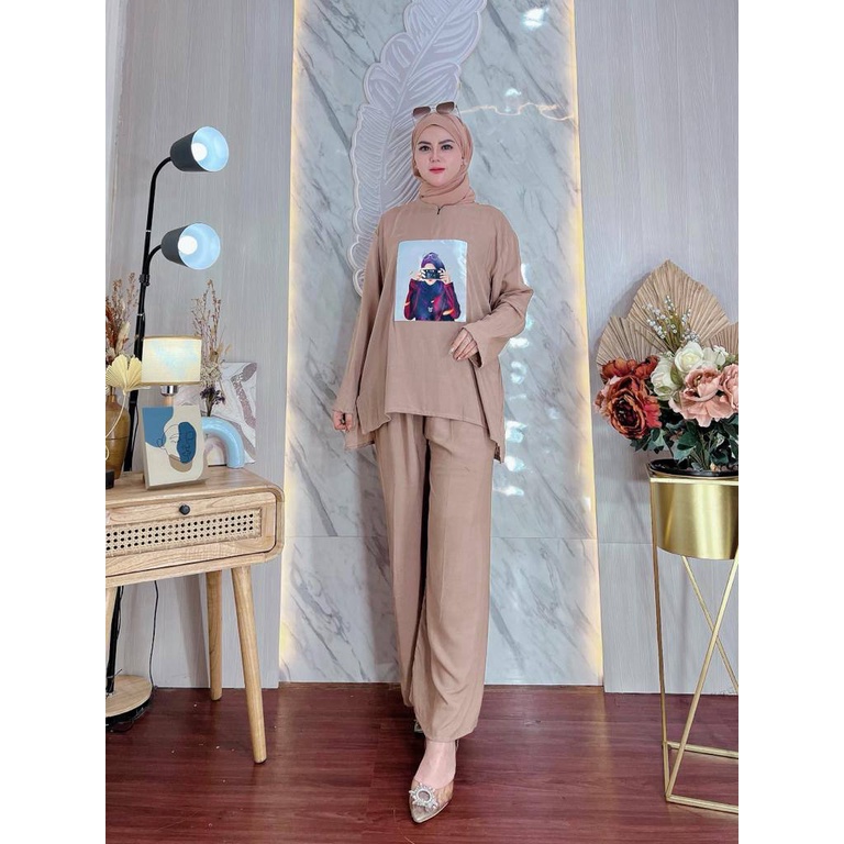 (Bisa COD) Setelan Rayon Emblem Blouse Tunik Viral / One Set Viral Emblem Terbaru Bahan Rayon Premium