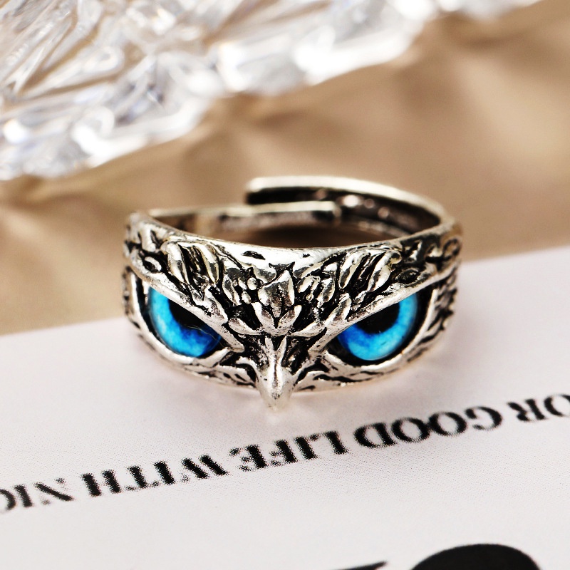 Cincin Model Terbuka Adjustable Desain Burung Hantu Mata Biru Gaya Vintage Untuk Pria Dan Wanita