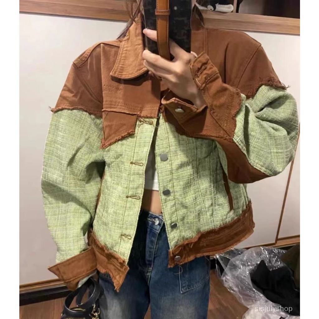 #Sisjuly# Jaket denim jaket wanita baru dupa kecil dupa angin splicing rasa longgar pasang atas