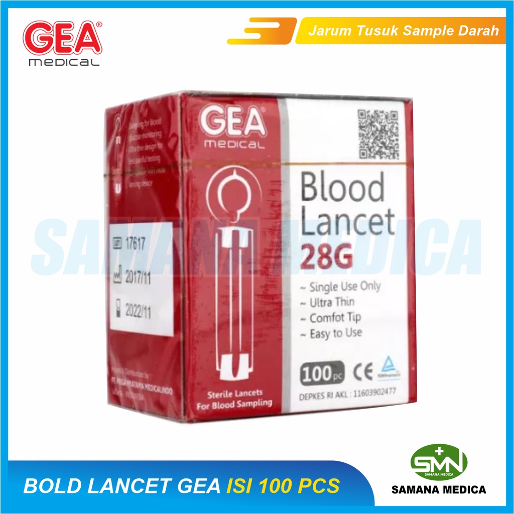 Blood Lancet 28G GEA isi 100 pcs Jarum Tes Gula Darah Steril Sekali Pakai ED 2026 Murah Promo