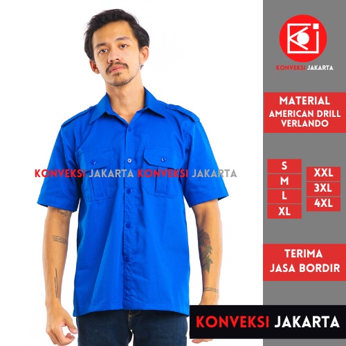 Baju Kemeja PDL Lengan Pendek Pria - Seragam Pakaian Kerja Taktikal Tactical Dinas Lapangan Outdoor Gunung Material American Drill Warna Biru - Konveksi Jakarta Official