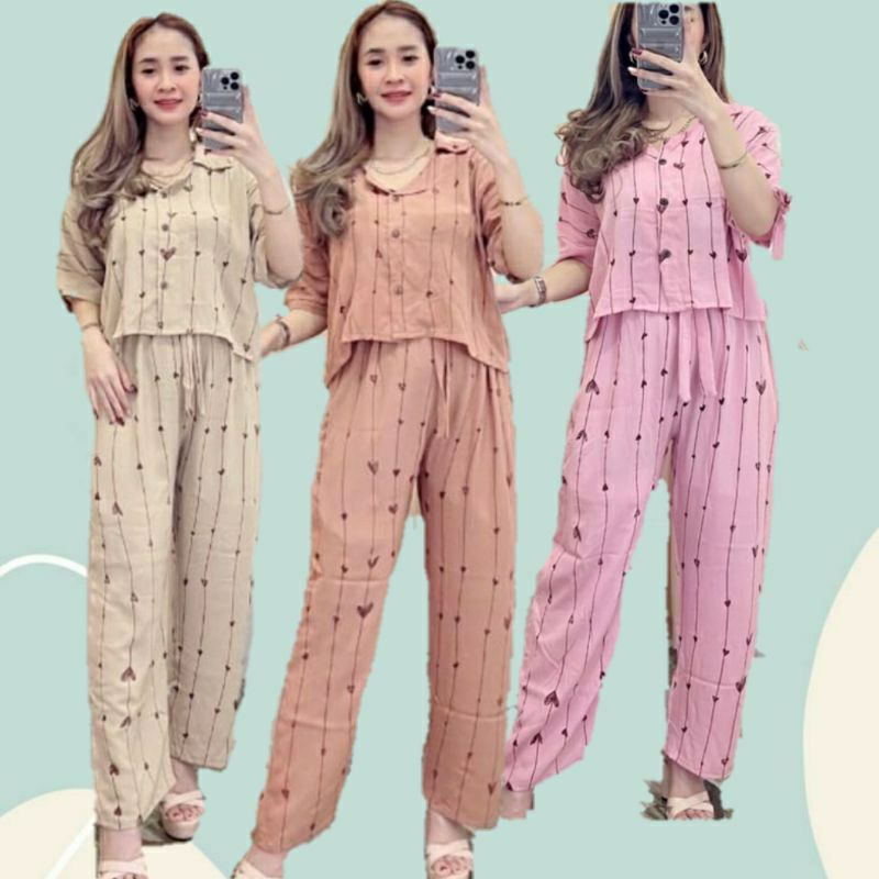 ONE SET CROP LOVE// SETELAN PENDEK WANITA MOTIF LOVE// SETCEL