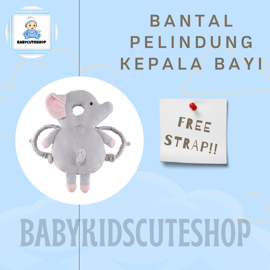 ( FREE STRAP ) Bantal Pelindung Kepala Bayi Gajah Abu | Pelindung Kepala Bayi | Head Neck Pillow Pad