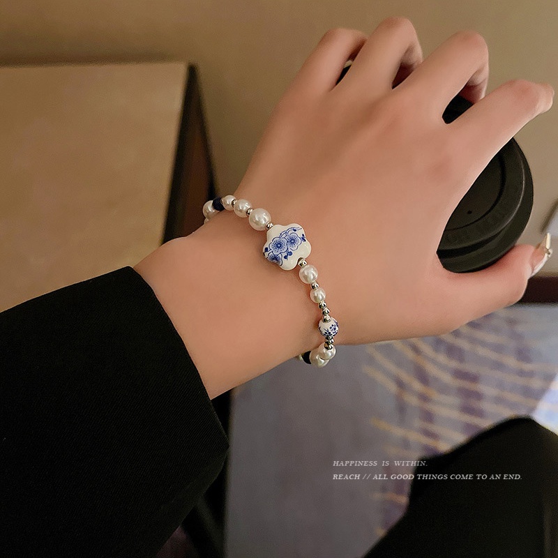 Perhiasan Gelang Tangan Wanita Hias Mutiara Porselen Biru Putih Gaya China