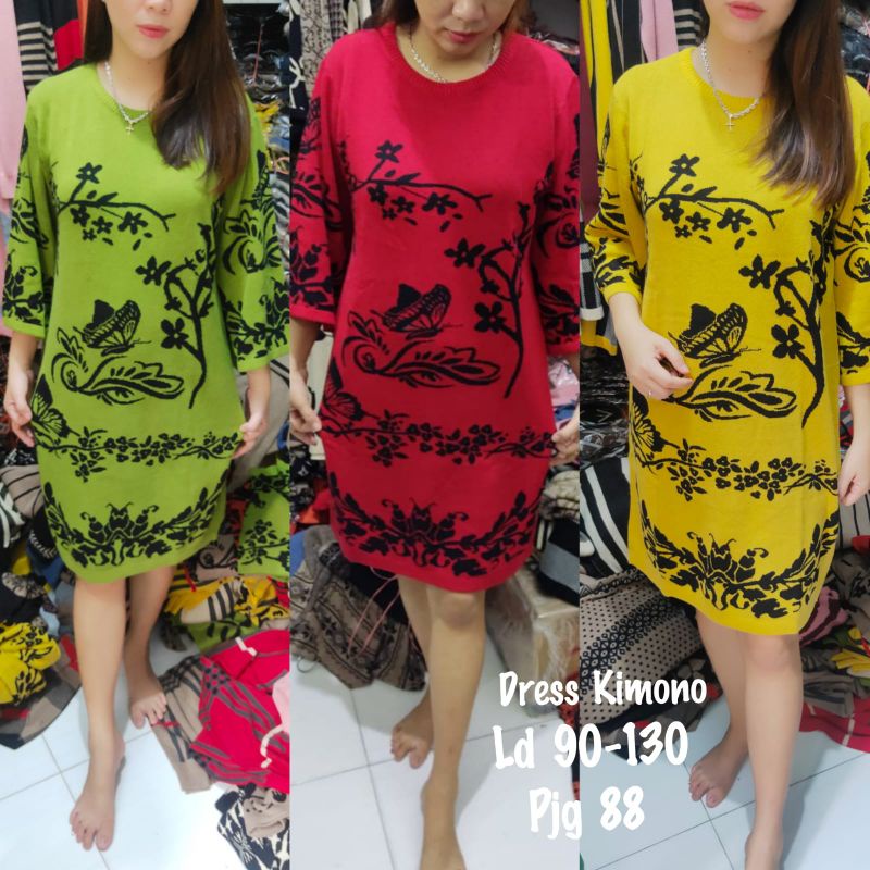Dress rajut wanita motif batik tangan lonceng/tunik rajut muslim tangan terompet real pict