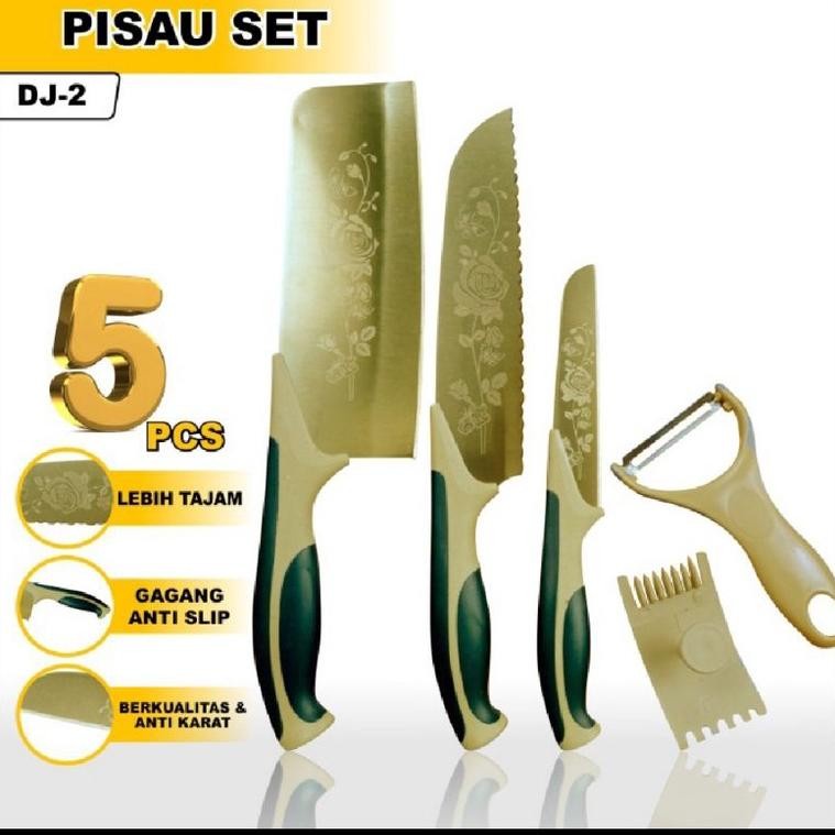 Pisau Dapur Set 5Pcs Pisau Stainless Emas
