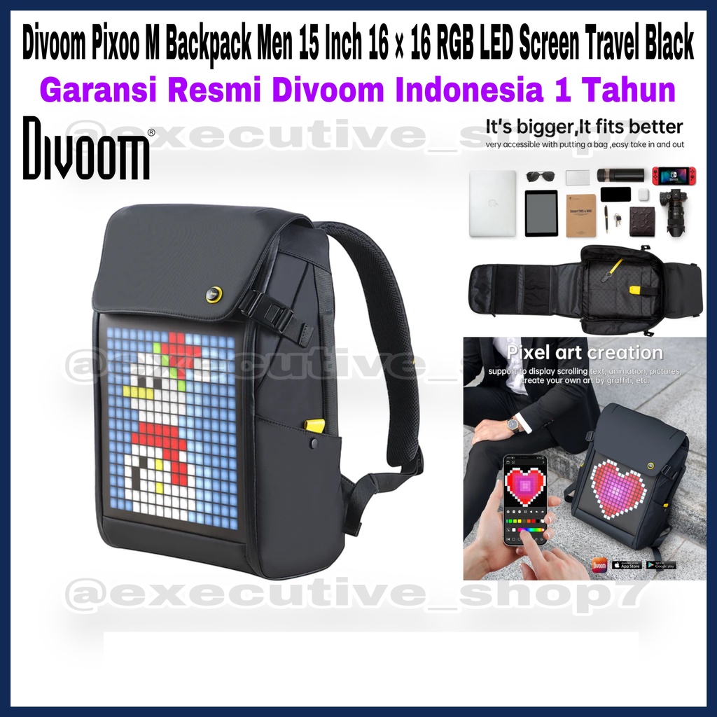 DIVOOM Pixoo M Backpack Men 15 Inch 16 × 16 RGB LED Screen Travel Black - Garansi Resmi Divoom Indonesia 1 Tahun