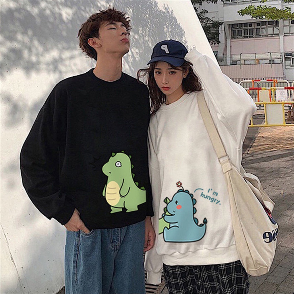 Promo Cod Sweater Pria Wanita Cetak Dinosaurus Kartun Lucu Kaus Musim Gugur Atasan Amina Jepang Punk Antik Longgar Berkerudung Kawaii Kerah O Hoodie Perempuan