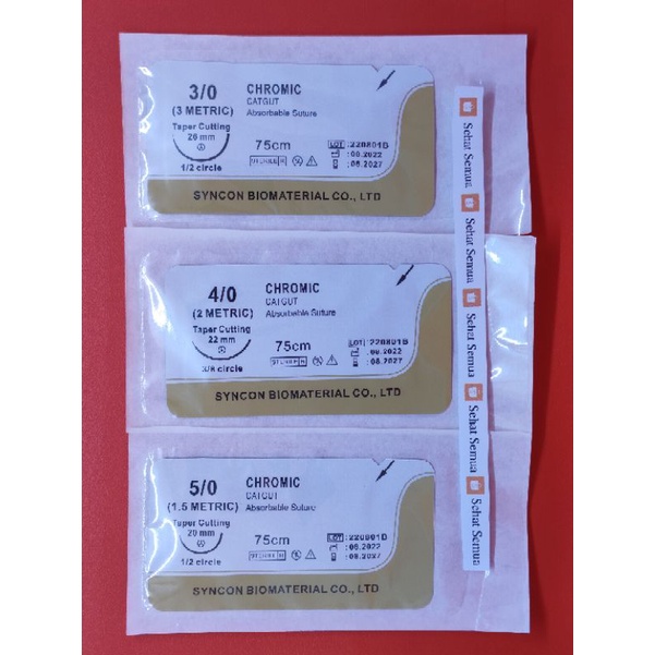 Per PCS Benang jahit (khitan) Catgut Chromic dengan jarum Merek Syncon dan Yiwu (3/0) (4/0) (5/0)