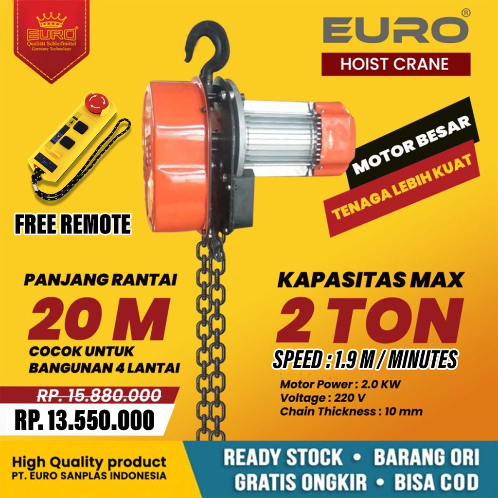 Hoist crane chaine katrol elektrik kapasitas 2 ton panjang 20 meter