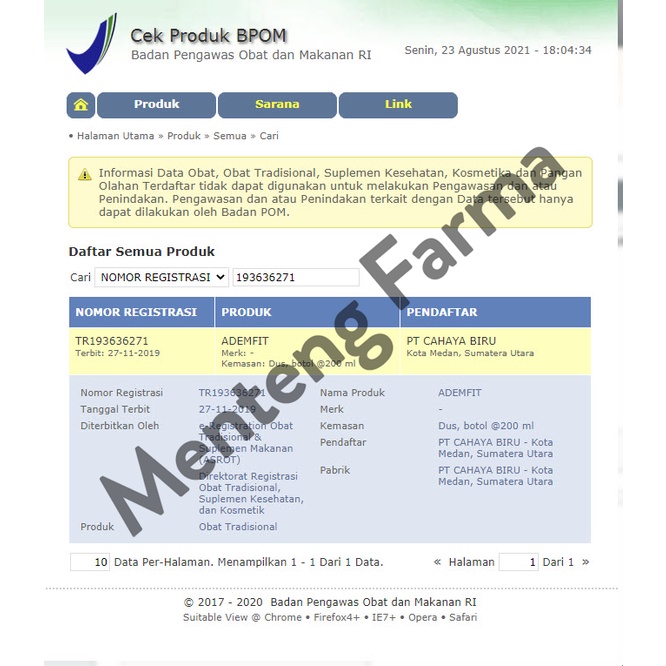 Adem Fit Sirup 200 mL - Pereda Panas Dalam dan Tenggorokan Kering