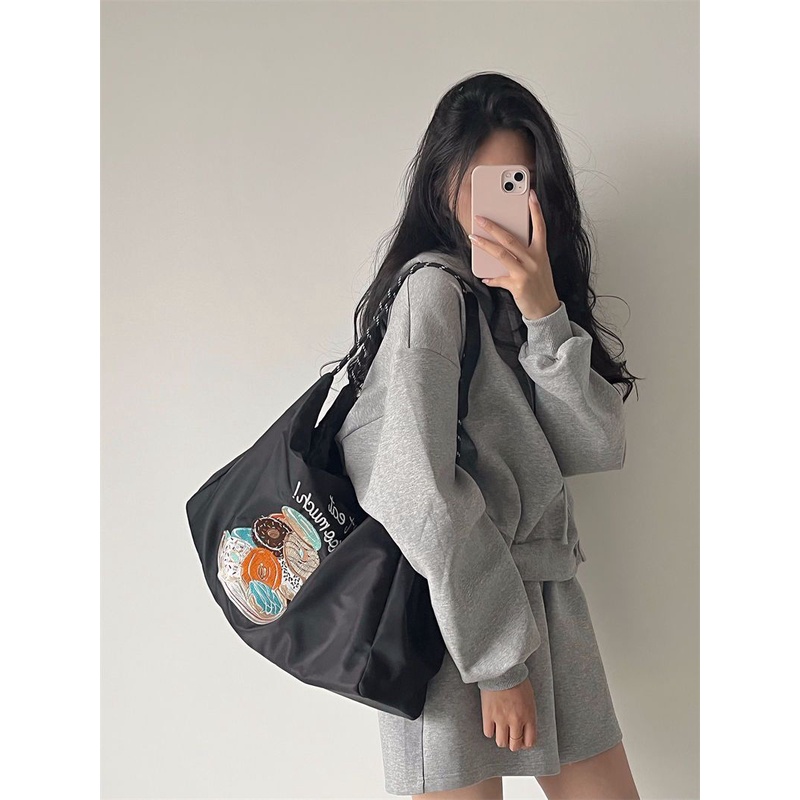 ₪Sera Jepang Niche Bordir Komuter Tas Kanvas Kapasitas Besar Nilon Tas 2022 Baru Wanita Bahu Tote Bag Pasang