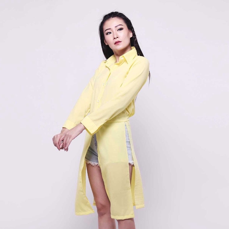 Dress Kemeja Formal Kerah Kerja Kantor Wanita Lengan Panjang Polos Kuning