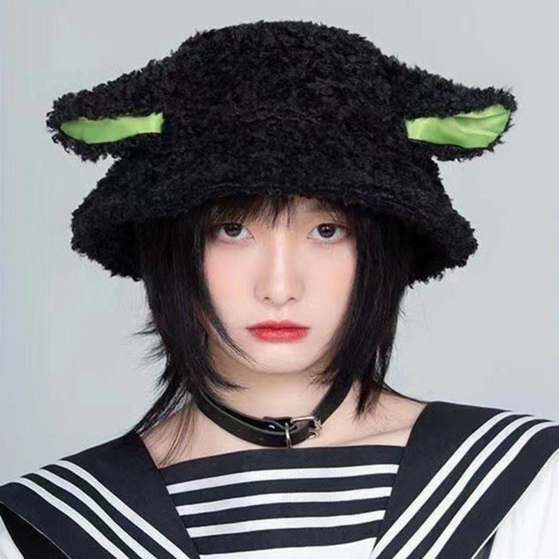 Topi Bucket Desain Telinga Domba Bahan Bulu Lembut Hangat Untuk Kostum Cosplay