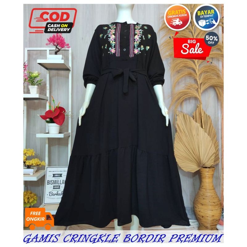GAMIS CRINKLE BORDIR PREMIUM MODEL TERBARU RAYON CRINKLE AIRFLOW