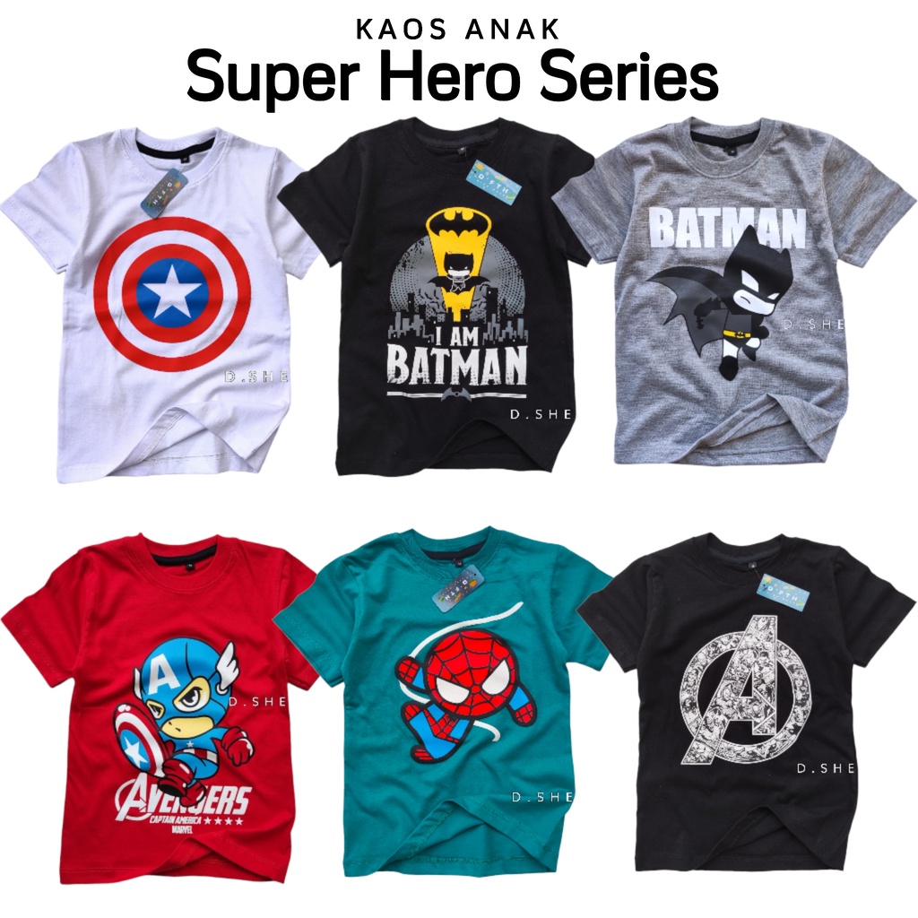 BAJU ANAK LAKI-LAKI / ANAK PEREMPUAN SUPER HERO SERIES 1-10 TAHUN / D. SHELTER