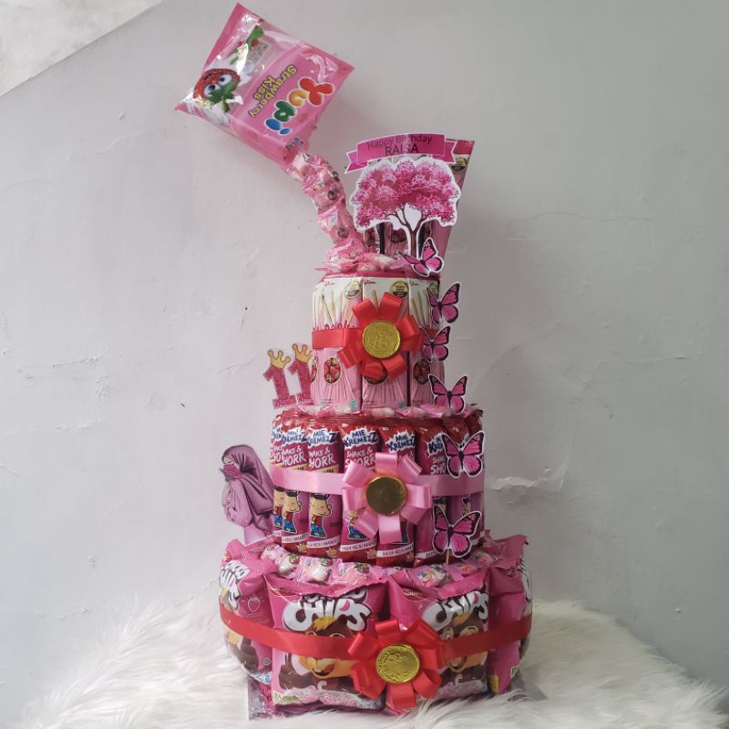 

PROMO,,,Kue Ultah Tower Snack /Cake Tower Snack Kekinian Susun WARNA PINK , Bisa Pilih Tema