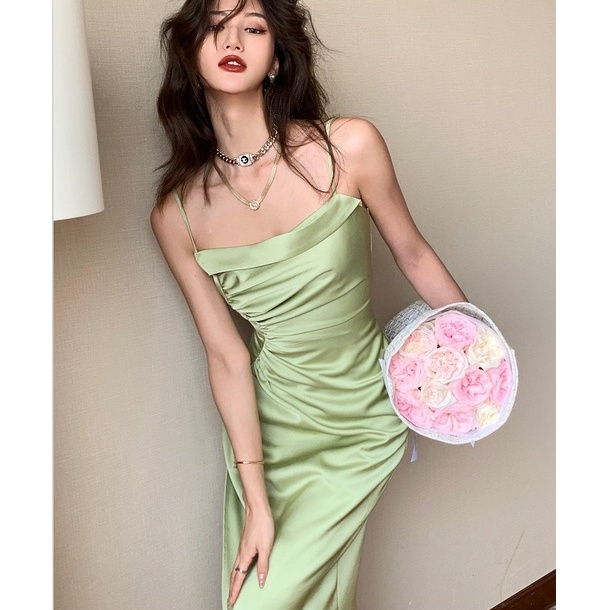 【Moon Blush】Summer Asymmetrical Slip  Bodycon Sleeveless Green Midi Dress 7502