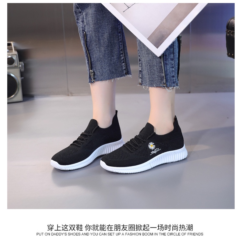 Gobra ♕ SEP008 (Tanpa Kotak) Sepatu Sneakers Wanita Putih Hitam Motif Bunga Sporty Model Korea Fashion Casual Sport Olahraga Import