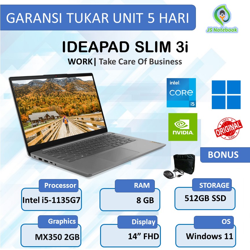 LENOVO IDEAPAD SLIM 3 MX350 2GB i5-1135G7 8GB 512SSD W11+OHS 14"FHD TN-ARTCTIC GREY