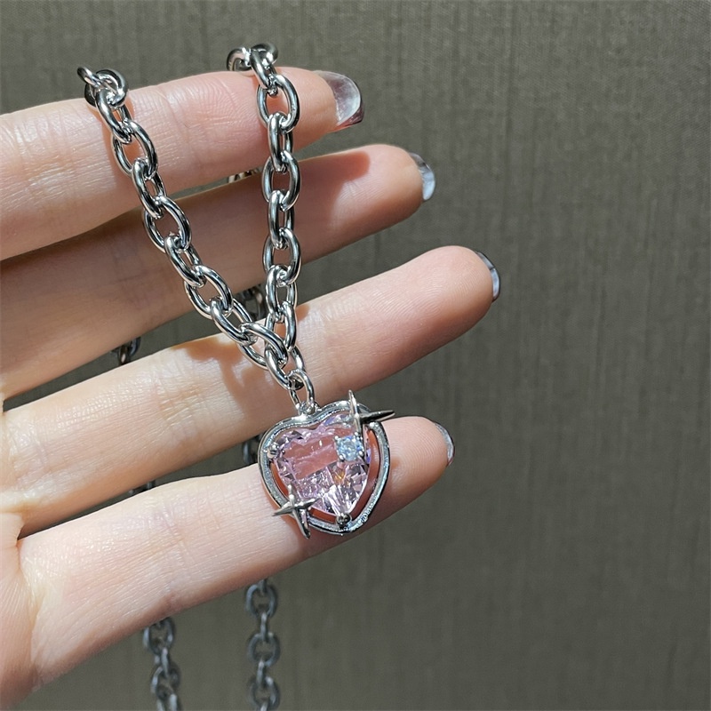 Kalung Rantai Choker Liontin Hati Kristal Warna Pink Untuk Wanita