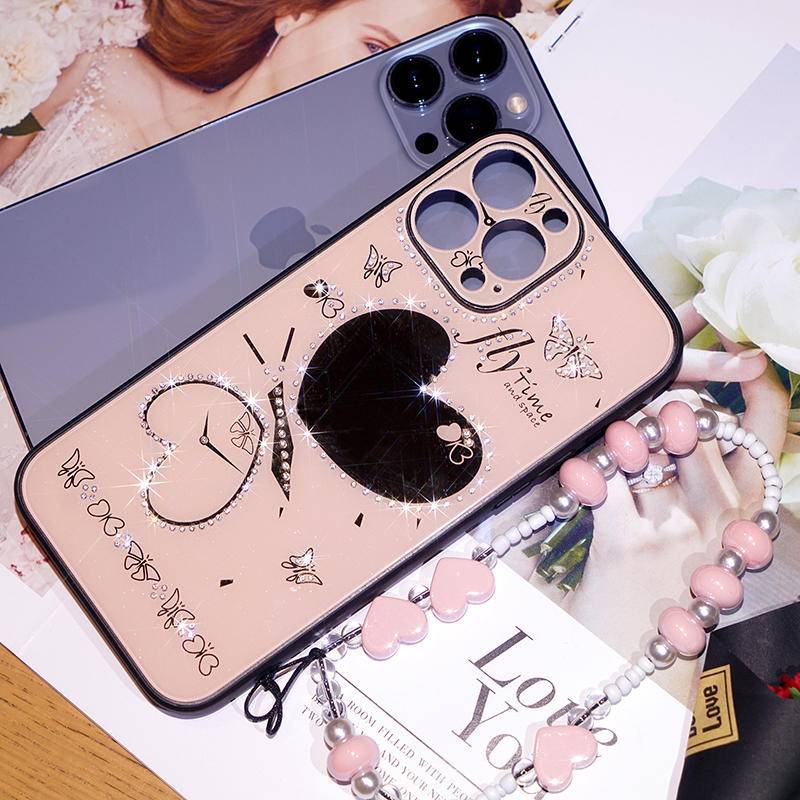 Case Pelindung Lensa Mini Glitter Berlian Imitasi Dengan Gelang Manik-Manik Untuk iPhone 14 13 12 11 Pro Max Plus 12Mini 14Plus