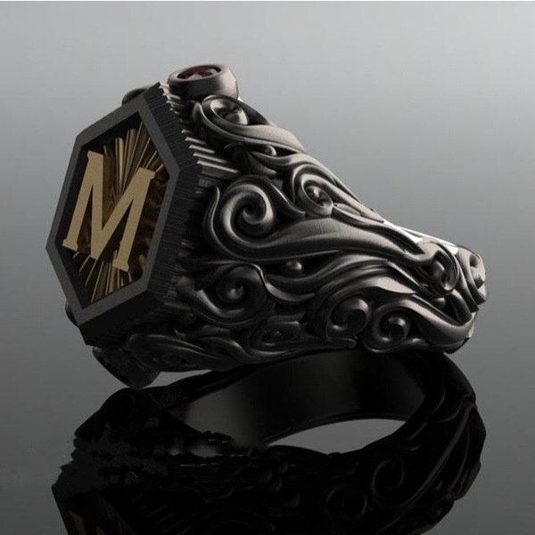 Cincin Pria Desain Monster M Warna Goldhitam Gaya Trendy Rock Untuk Pestahadiah