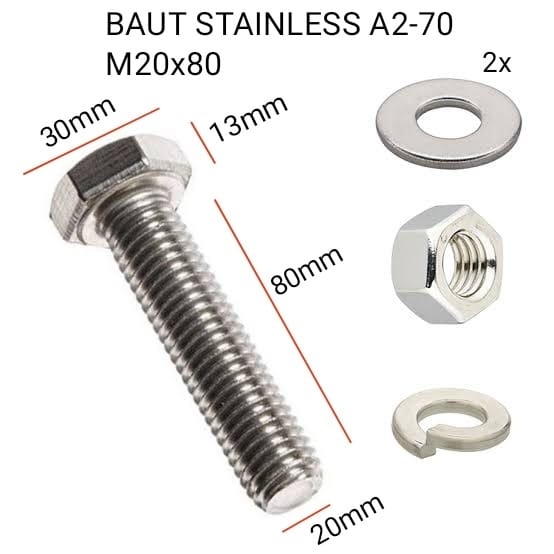 BAUT MUR HEX STAINLESS STEEL 304 M20 X 80