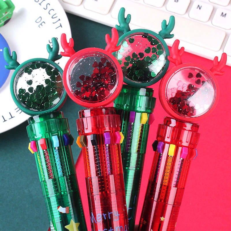 Pulpen Rollerball 0.5mm 10 Warna Motif Kartun Santa Claus / Rusa Natal Untuk Stationery Sekolah / Kantor