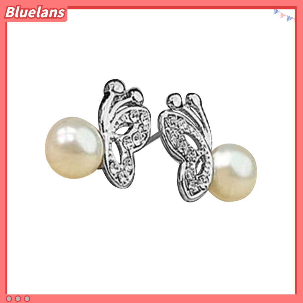 Anting Bentuk Kupu-Kupu Aksen Berlian Imitasi Dan Mutiara Untuk Wanita