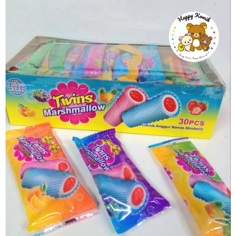 

Permen Kapas Cemilan Snack Twins Marshmallow Kembar Isi Selai Buah Mainan Anak Murah (isi 30 pcs)