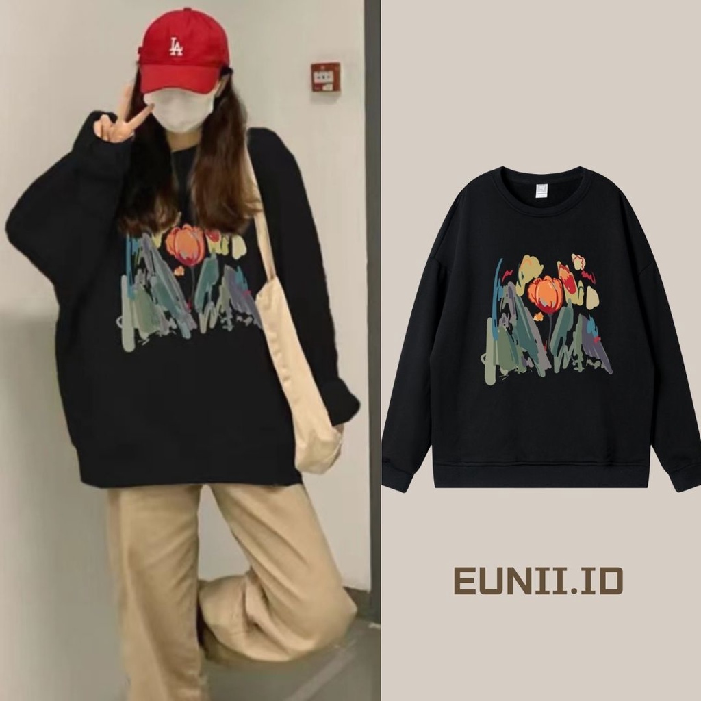 EUNII Sweater Lengan Panjang The tulip Korean Style/Hoodie Oversize/Baju Wanita/Switer Wanita