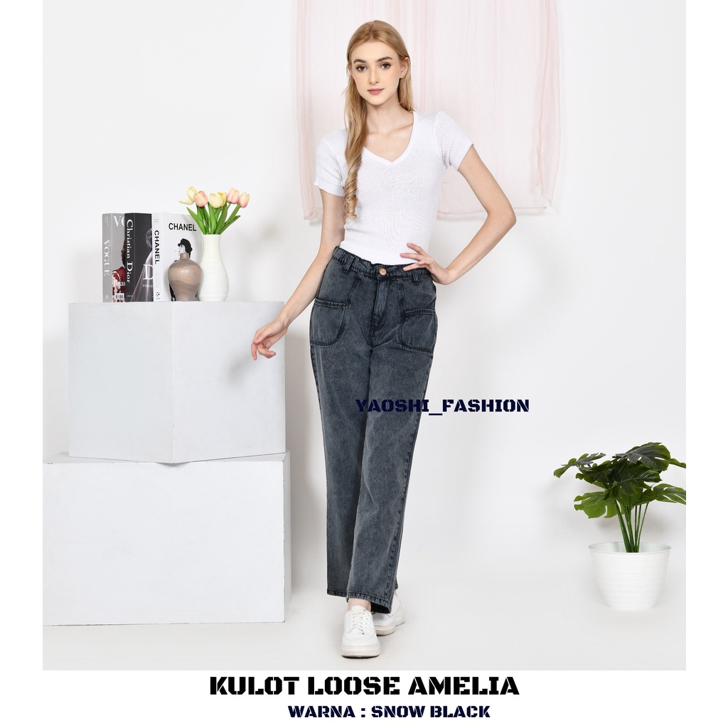 YAOSHI- Celana Panjang Pinggang Tinggi Wanita - BF Kulot  Loose Jeans Vintage Amelia Gaya Korea LONG PANTS