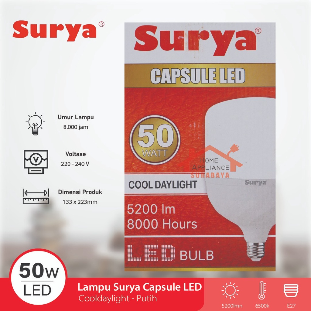 Lampu Capsule Kapsul Bohlam LED SURYA 6W/9W/14W/18W/28/36W/42W/50W Gen 3 6500K Cahaya Putih