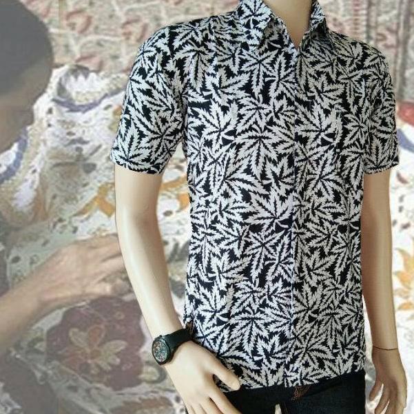 [PROMO WH887] KEMEJA BATIK PRIA MODERN MOTIF DAUN GANJA Serba Murah