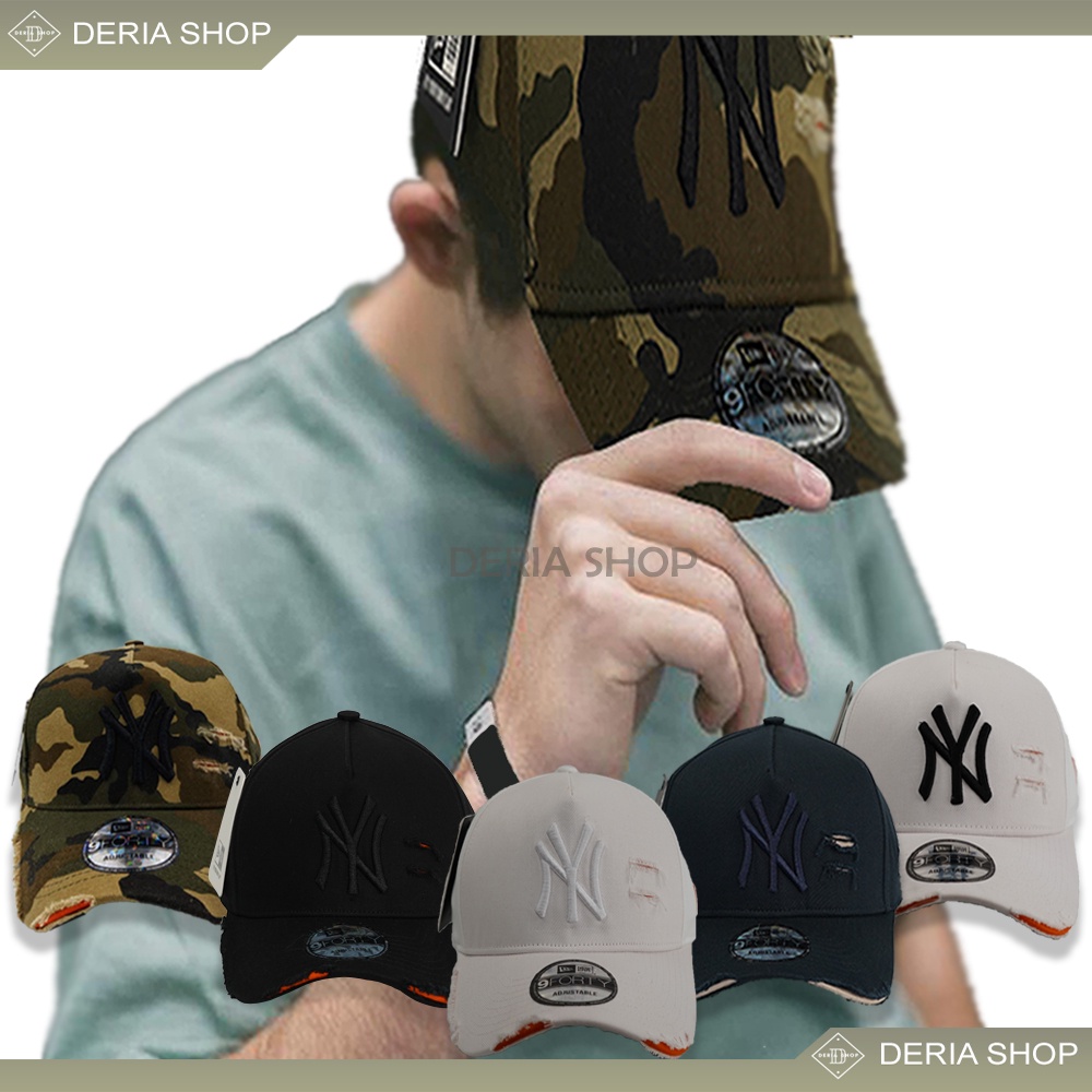 Topi Grade Import Baseball Hat Damage Ripped Sobek Robek NY, Topi Bisbol NBA Cap Loreng Camo, Biru H