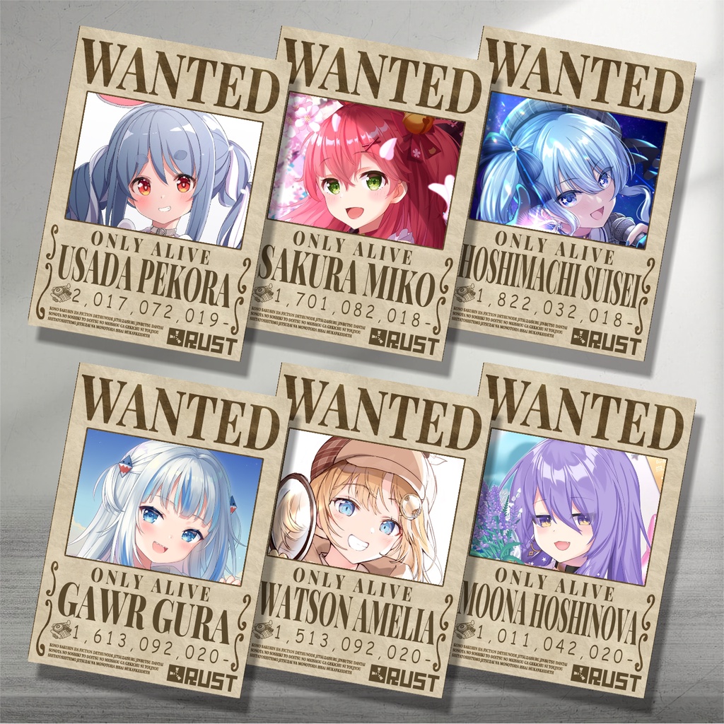 Koleksi Poster A4 Anime VTuber Hololive Wanted - Miko Suisei Fubuki Haachama Matsuri Aqua Ayame Subaru Mio Korone Okayu Pekora Rushia Marine Coco Watame Towa Lamy Botan Koyori Gura Amelia Calli Kiara Ina Moona Kobo Ollie