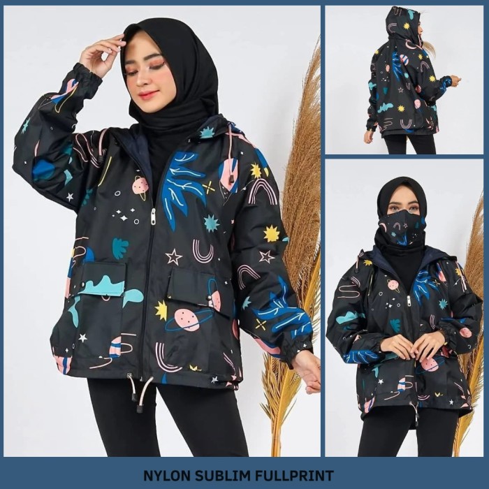jaket wanita  jaket parasut wanita printing motif star/jaket gowes/jaket sepeda cewek hoodie terbaru