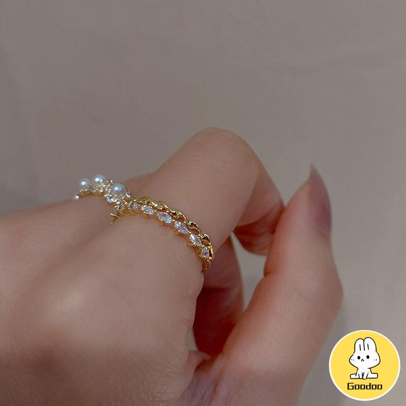 Double-layer Retro Pearl Diamond Ring Niche Light Desain Mewah Cincin Dapat Disesuaikan Terbuka -Doo